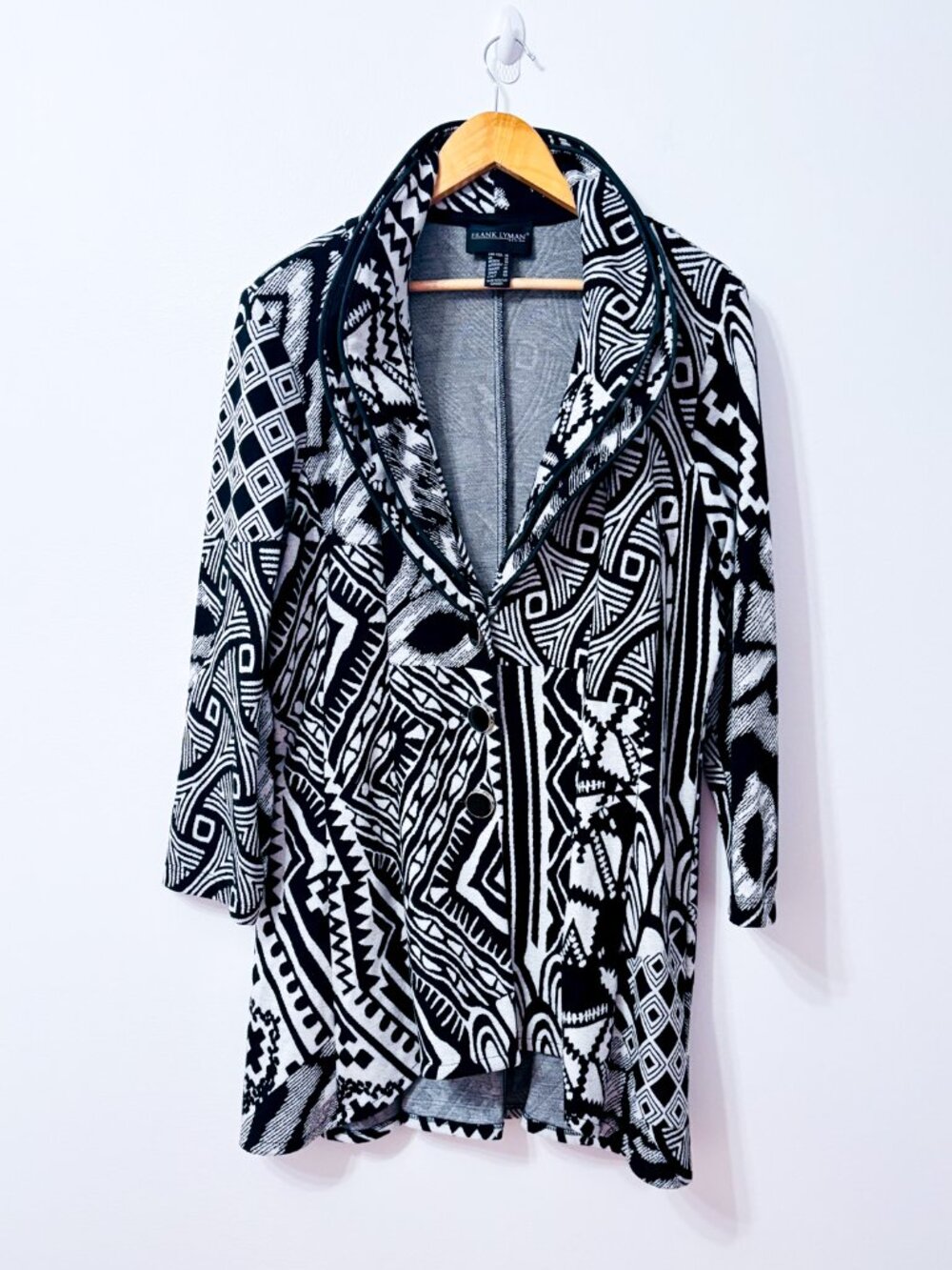 FRANK LYMAN Black White Geometric Long Cardigan Jacket High Low Size 16